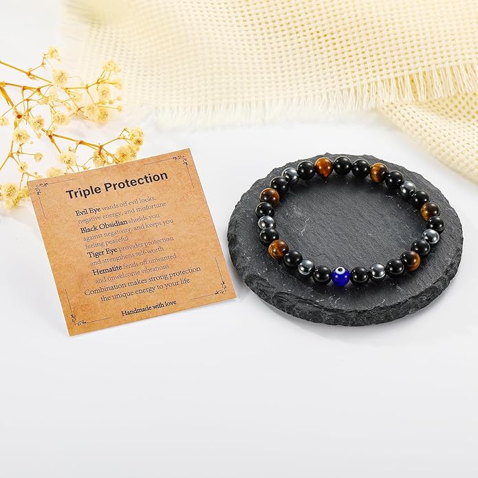 Triple Protection Bracelet for Men, Mens Black Obsidian Hematite Tiger Eye Beaded Natural Stone Evil Eye Bracelet Jewelry Gifts for Birthday Christmas