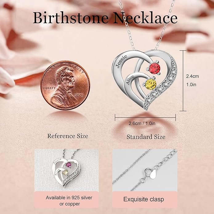 Easycosy Custom Name Necklace with Simulated Birthstones Customized Promise Necklace Heart Pendant with Engraved 2-6 Names - Anniversary Birthday Christmas Jewelry Gifts for Women Wife Mom Grandma