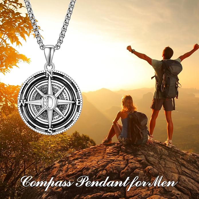 KINGWHYTE Compass Necklace for Men 925 Sterling Silver Birthday Gifts Graduation Travel Jewelry for Husband Brother with Stainless Steel Chain