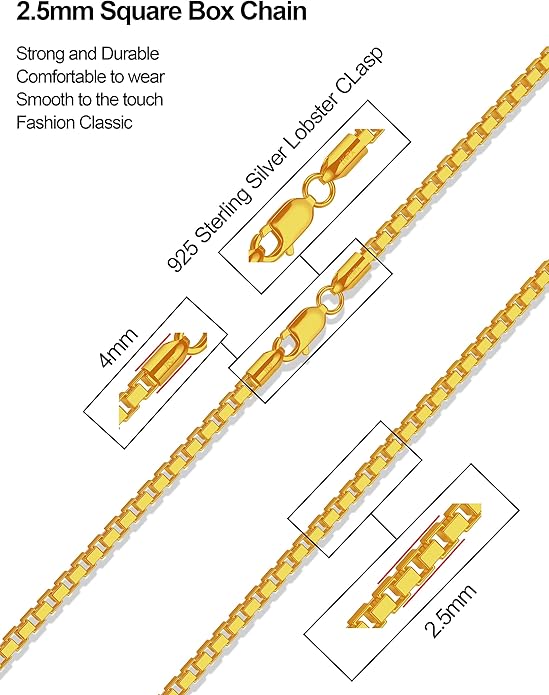 925 Sterling Silver Box Chain 2/3/4/5mm Necklace for Men Silver Link Chain for Women 16/18/20/22/24/26/30 Inches