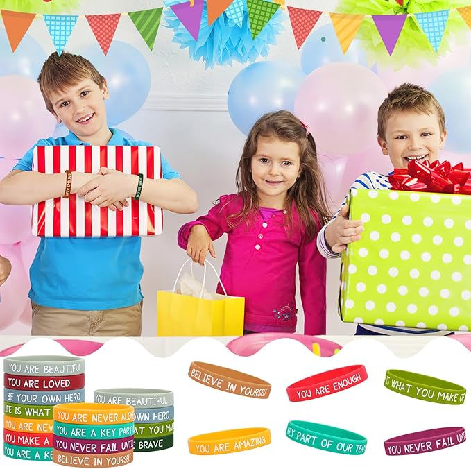 JUNEBRUSHS 64pcs Motivational Silicone Bracelets Bulk Colored Inspirational Rubber Wristbands Unisex for Student Teacher Office Prizes Gifts Back to School Party Favor Supplies