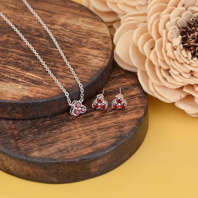 DEVSHINE 925 Sterling Silver Cluster Pendant & Earring Set with 2.5mm Round Natural Gemstones – Dainty Floral Design, Chain Included – Citrine, Rhodolite Garnet, Amethyst, Red Garnet & Sky Blue Topaz, 14K Gold & Rhodium Plating – Gift for Women