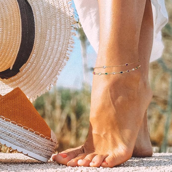 MTMY Gold Anklets for Women 14K Gold Plated Tiny Bead Anklet Colorful Tassel Foot Chain Dainty Adjustable Cute Summer Beach Boho Anklets Jewelry Gift
