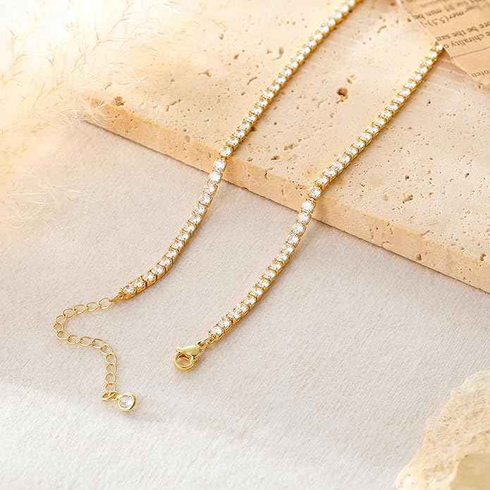 Tennis Necklace for Women, 14K Gold/Silver Plated Rhinestone Choker Necklaces for Women, Dainty Cubic Zirconia Cut Faux Diamond Chain