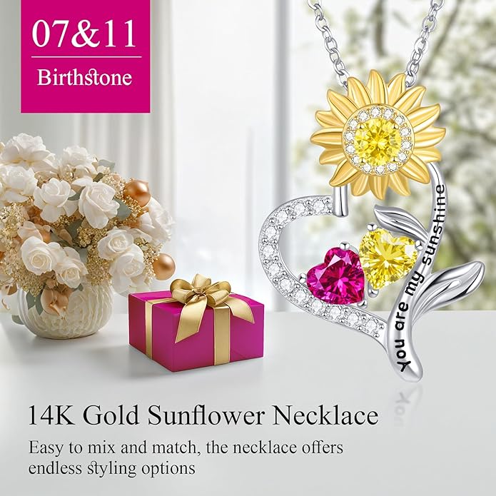PERJI Valentine's Day Gifts for Women - 925 Sterling Silver Double Birthstone Sunflower Necklace, Anniversary Birthday Jewelry You are My Sunshine Gifts for Wife Couple Girlfriend 18"+2" Non Tarnish
