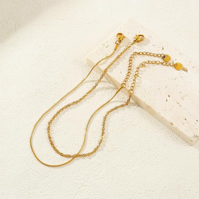 Gold Plated Ankle Bracelets For Women Waterproof,18k Gold Plated Anklets Layered Thin Snake Chain Herringbone Anklets Non Tarnish Stainless Steel Dainty Summer Jewelry Set Gift For Women