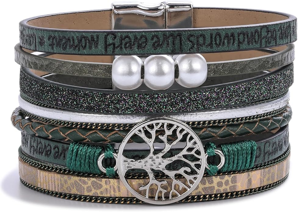 FANCY SHINY Tree of Life Leather Wrap Bracelet Inspirational Cuff Bangles Boho Pearl Bracelets with Magnetic Clasp Unique Jewelry Gifts for Women