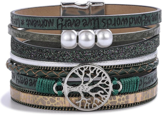 FANCY SHINY Tree of Life Leather Wrap Bracelet Inspirational Cuff Bangles Boho Pearl Bracelets with Magnetic Clasp Unique Jewelry Gifts for Women