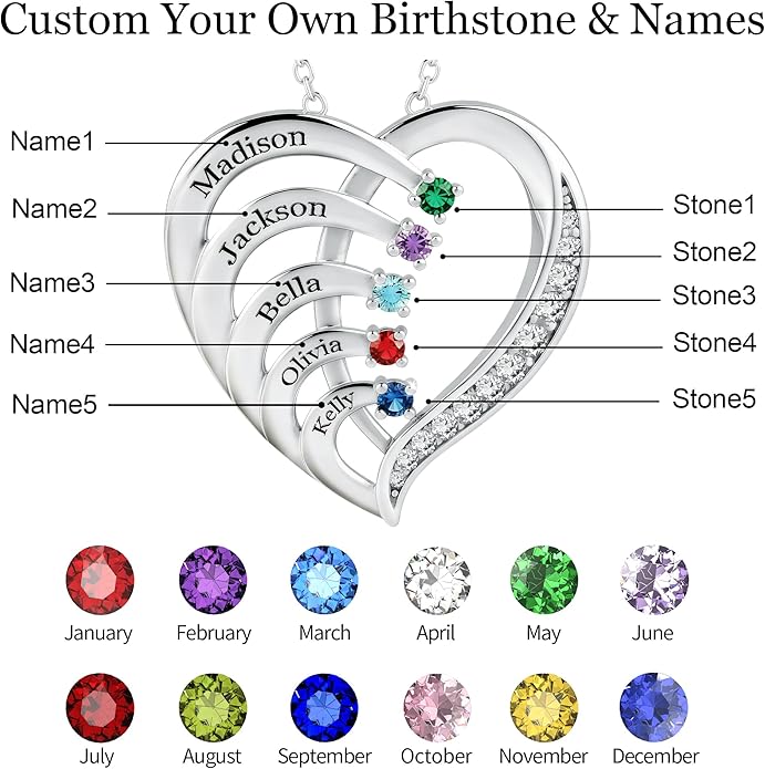 Easycosy Custom Name Necklace with Simulated Birthstones Customized Promise Necklace Heart Pendant with Engraved 2-6 Names - Anniversary Birthday Christmas Jewelry Gifts for Women Wife Mom Grandma