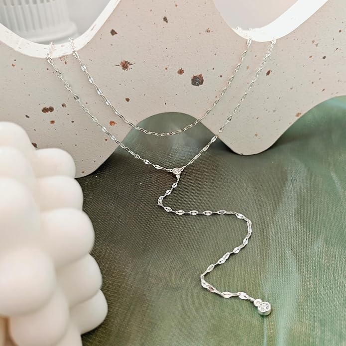Zeffy Lariat Gold Necklace for Women, Dainty Long Necklace 14k Gold/Silver Plated Layered CZ Beaded Bar Chain Y-Shaped Body Chain Stack Drop Wedding Necklace Trendy Simple Gold Jewelry Gifts