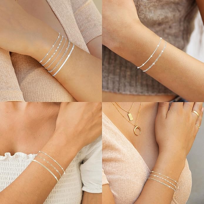 MBW 14K Silver Plated Bracelets for Women, Dainty Silver Bracelets for Women Set Bracelet Stack Waterproof Jewelry for Women Trendy Minimalist Simple Small Thin Bracelet Set for Women Teen Girls Gift