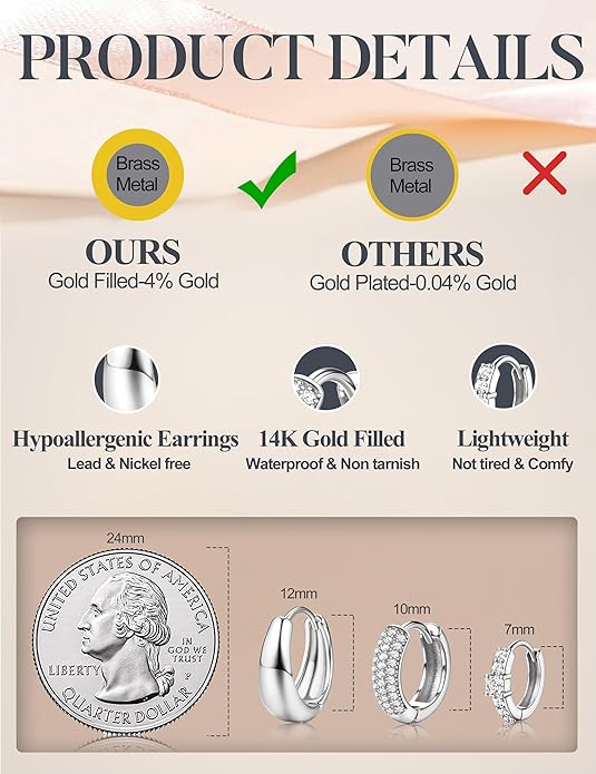 LOLIAS Small 14K Gold Plated Chunky Hoop Earrings for Women Hypoallergenic Silver Earrings Set for Sensitive Ears Non Tarnish Huggie Hoops Earring Stacks for Multiple Piercing Jewelry Lightweight 3Pairs