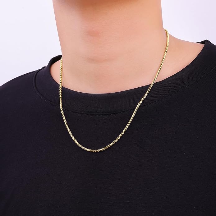 Fiusem Box Chain for Men, Silver Tone/14K Gold Plated/Black Stainless Steel Necklace for Men and Women, Width 2/2.5/3/4/5mm, Length 18-28 Inches