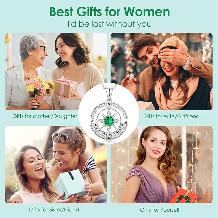 Zifeel Compass Necklace Gifts for Women wife - S925 Sterling Silver Birthstone Necklaces for Women - Anniversary Birthday Gifts for Her Wife Girlfriend - Valentines Mom Mothers Day Christmas Gifts Jewelry for Women