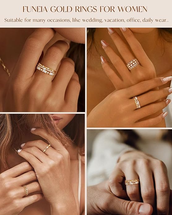 FUNEIA Stackable Silver Gold Rings for Women Non Tarnish 14K Gold Plated Thumb Cubic Zirconia Rings for Women Dainty Pinky Promise Wedding Ring Set Women's Engagement Eternity Band Rings Gold Jewelry