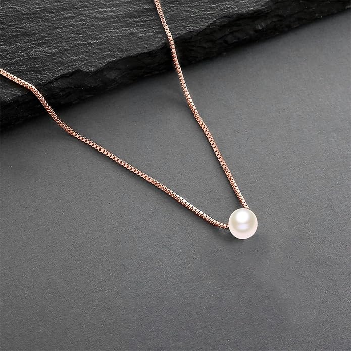 14K Yellow Gold Pearl Necklace for Women, Real Gold Durable Box Chain with Single Cultured Pearl Pendant Necklace Anniversary Birthday Gift for Her, Wife, Mother, Girl 18 Inch