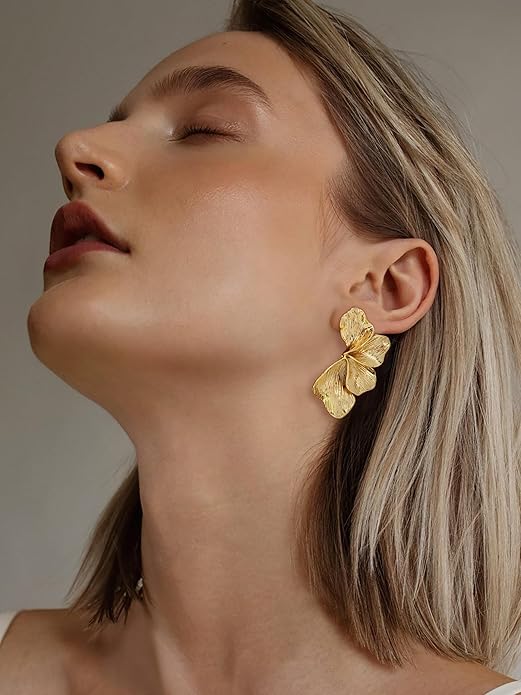 Chunky Gold Statement Earrings For Women Gold Plated Sectored Flower Leaf Shell Angel Wing Earrings Large Stud Earrings Hypoallergenic Earrings