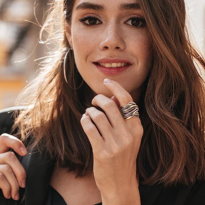 Wide Band Rings Twisted Rope Ring Two-Tone Mixed Metal Braided Statement Rings Fashion Jewelry for Women