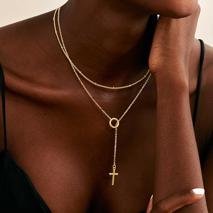LOVELUCK Long Lariat Necklace for Women,Dainty Layered Y-Shaped Necklaces 14k Gold/Silver Plated Drop Chain Trendy Christmas Jewelry Gifts