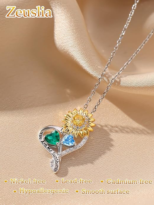 Zeuslia Double Birthstone Necklace Gifts for Wife - 925 Sterling Silver Sunflower/Rose/Crown Cross/Compass/Heart Pendant I Love You Necklace, Anniversary Birthday Gifts for Wife Girlfriend Mom Her