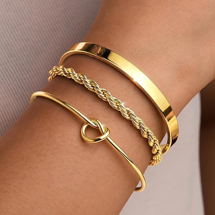 Silver Bracelets for Women Stack, Silver or Gold Plated Cuff Bangle Set, Trendy Silver Jewelry for Women Fashion