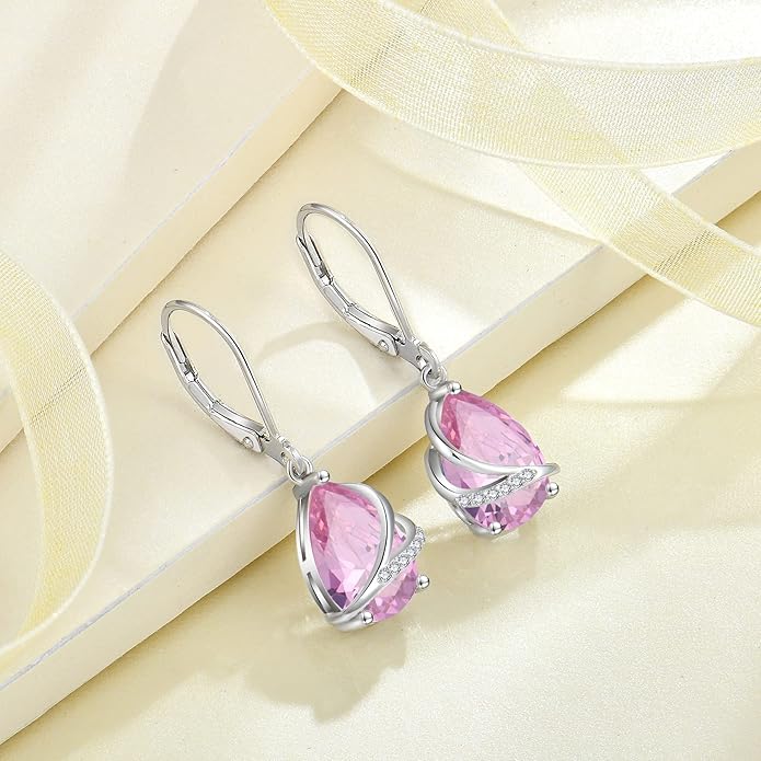 Birthstone Dangle Drop Earrings for Women 925 Sterling Silver Teardrop Leverback Earrings Jewelry Gifts for Wife Mother Her