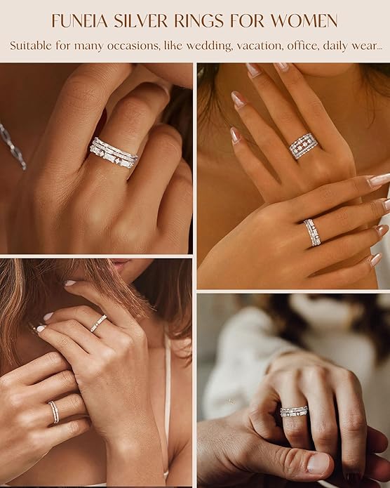 FUNEIA Stackable Silver Gold Rings for Women Non Tarnish 14K Gold Plated Thumb Cubic Zirconia Rings for Women Dainty Pinky Promise Wedding Ring Set Women's Engagement Eternity Band Rings Gold Jewelry