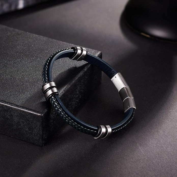 Leather Bracelet for Men with Adjustable Stainless Steel Magnetic Clasp Multi-Layer Braided Mens Leather Bracelet