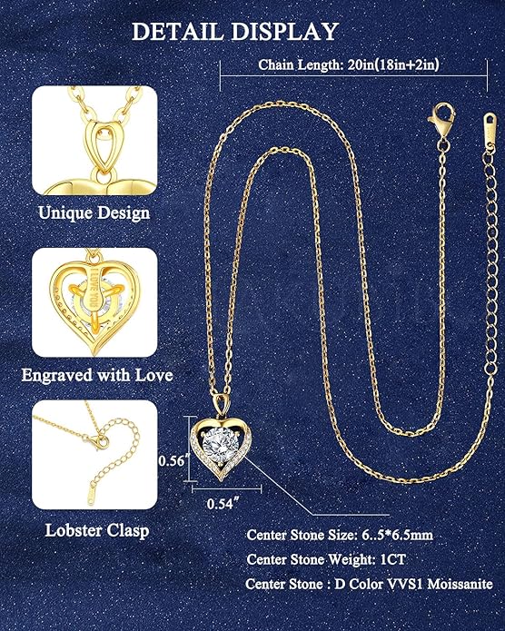 Moissanite Heart Necklace for Women,1-2 Carat Moissanite Pendant Necklace Engraved with 'I LOVE YOU,Birthday Gifts for Women,Mom, Girlfriend, Jewelry Gifts for Christmas Valentine's Day