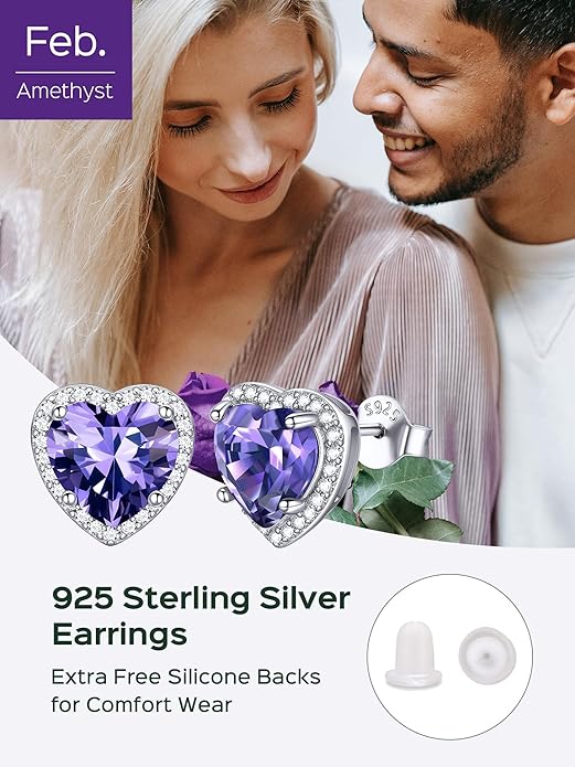 ChicSilver 925 Sterling Silver Birthstone Earrings for Women, 8MM/2 Carat Heart & Round Cubic Zirconia Stud Earrings, Hypoallergenic Jewelry, Ideal Birthday or Christmas Gifts
