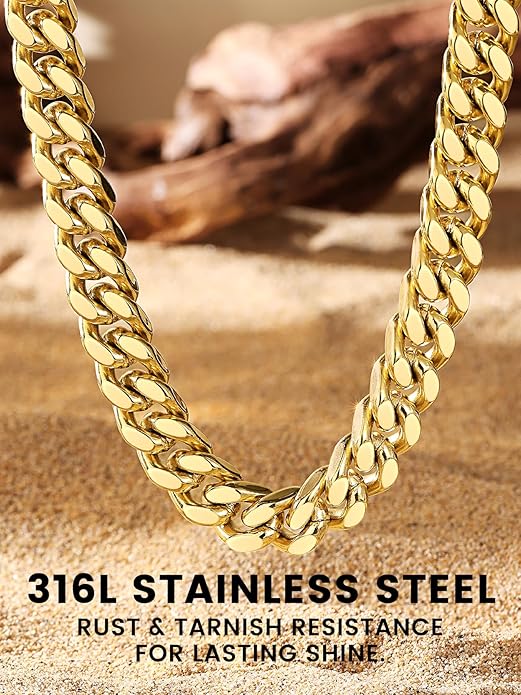 Bestyle Thick Stainless Steel Mens Cuban Link Chain, Black/Gold Chain for Men, No Tarnish & Durable Men Chain Necklace, 5/7/9/12mm Wide, 18"-30" Long, Gift Package