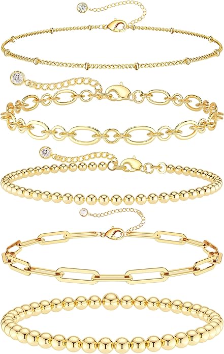 DEARMAY Waterproof Gold Plated Bracelets Set for Women Trendy, Dainty 14K Gold Jewelry Fashion Stackable Tennis Beaded Figaro Herringbone Paperclip Link Bracelet Pack Stack Gifts for Women