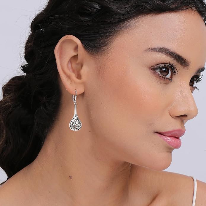 LeCalla 925 Sterling Silver Leverback Drop Earrings | Lightweight Celtic-Knot Filigree Heart Teardrop Dangle Earring for Women's Gift for Her