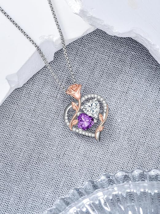 Christmas Gifts for Women Rose Heart Birthstone Pendant Necklace I Love You Forever Jewelry Valentine Mothers Day Birthday Gifts for Women Her Wife Girlfriend