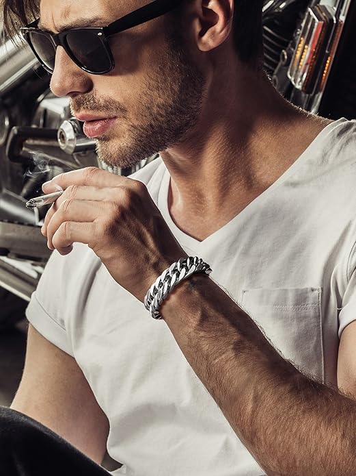 8/12/17mm Wide Cuban Link Bracelet for Men Father Gift 18K Gold/Black Plated Stainless Steel Bracelets 7.4-9 Inches(Gift Wrapped)