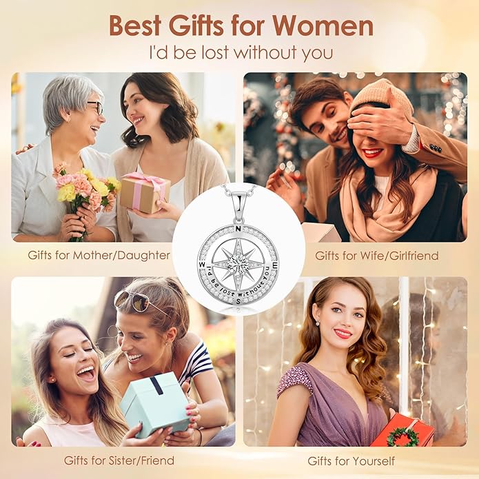 Zifeel Compass Necklace Gifts for Women wife - S925 Sterling Silver Birthstone Necklaces for Women - Anniversary Birthday Gifts for Her Wife Girlfriend - Valentines Mom Mothers Day Christmas Gifts Jewelry for Women