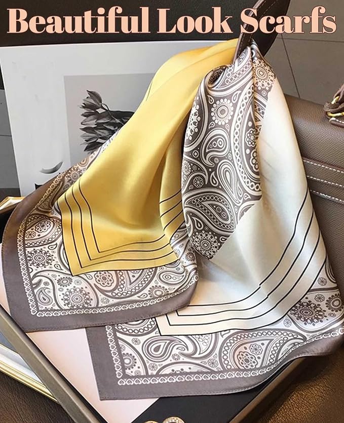 kcctoo 27.5" Mulberry Silk Feeling Head Scarf Women's Fashion Square Neck Satin Scarfs for Bag Hair Scarves Gift