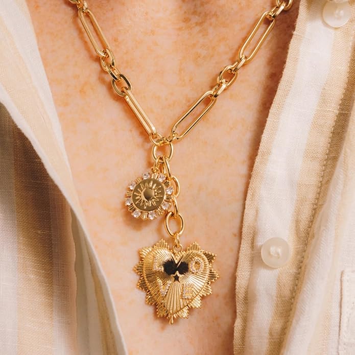 Chunky Gold Necklace for Women, 18K Waterproof Heart Necklace Statement Necklace Gold Charm Necklace Chunky Jewelry Paperclip Chain Choker Gift for Women