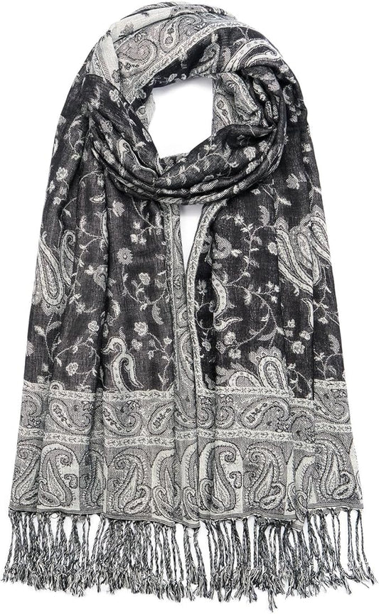 QIUTIMIY Paisley Pashmina Shawl Wrap Women Reversible Vintage Jacquard Pashmina Rave Scarf with Fringe for Evening, Wedding