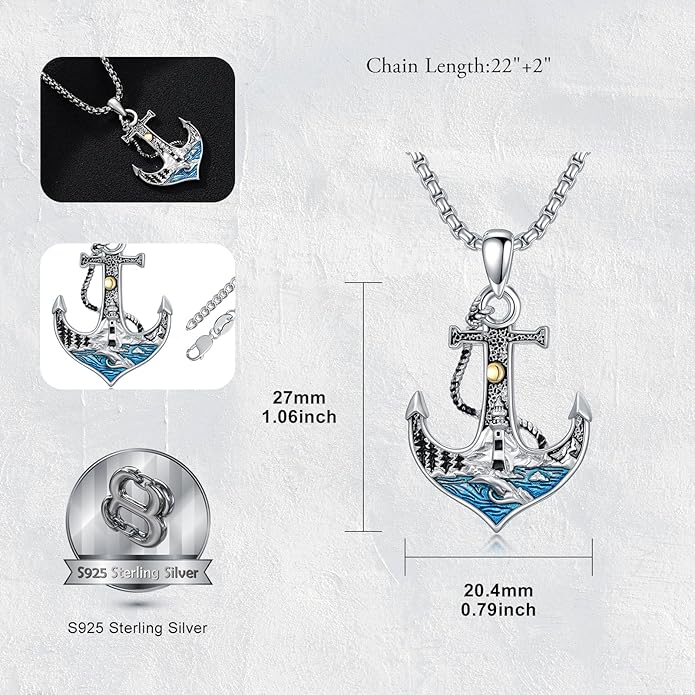 LEECCI Anchor Wave/Four Leaf Clover/Surfboard Necklace 925 Sterling Silver Anchor Pendant Jewelry Gift Graduation Gift for Men Women