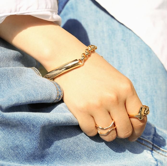 SOFYBJA 18k Gold Plated Personalized Chunky Cuban Oval Link Chain Bracelets for Men Toggle Rope Bracelet Jewelry for Women