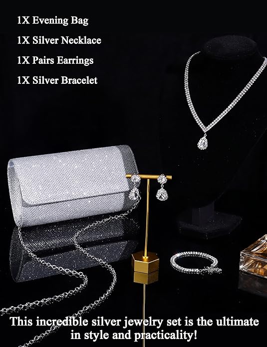 Subiceto 4Pcs Silver Clutch Purse Jewelry Set for Women Evening Rhinestone Purse Crystal Necklace Earrings Bracelets Set Silver Accessories for Women Bride Wedding Jewelry