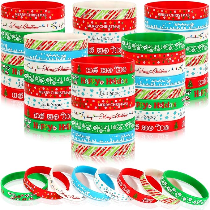 JUNEBRUSHS 64pcs Christmas Wristband Silicone Bracelets Bulk Elk Xmas Tree Snowflake Pattern Rubber Bracelet for Christmas Birthday Decoration Kids Party Favor Gift Supplies（8 Designs）
