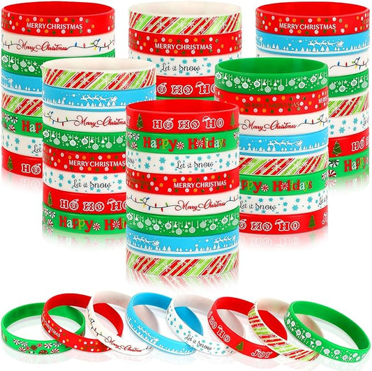 JUNEBRUSHS 64pcs Christmas Wristband Silicone Bracelets Bulk Elk Xmas Tree Snowflake Pattern Rubber Bracelet for Christmas Birthday Decoration Kids Party Favor Gift Supplies（8 Designs）