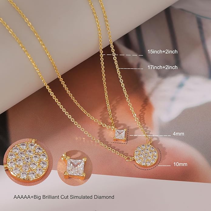 Layered Necklaces for Women,Dainty 14k Gold Plated Choker Necklace Stack Trendy Simple Diamond Pendant Necklace Set for Women Non Tarnish Cute Layering Cubic Zirconia Necklace Fashion Waterproof Jewelry for Women