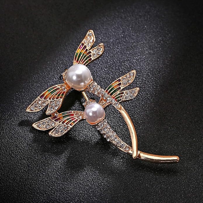 AILUOR Elegant Dragonfly Brooch Pins, Gold Tone Austrian Crystal Colorful Enamel Double Dragonfly Simulated Pearl Rhinestone Brooch Jewelry