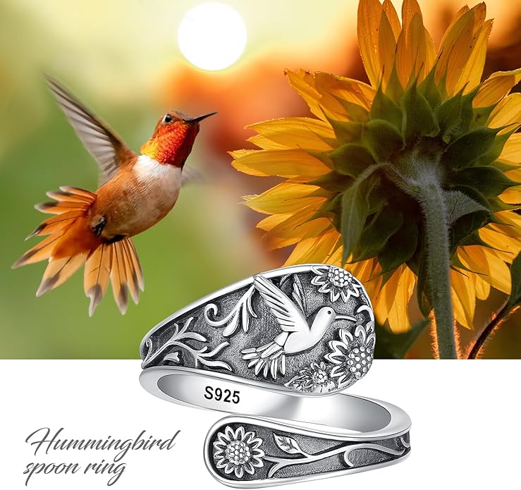 Spoon Ring Sterling Silver Hummingbird Ring Vintage Antique Spoon Rings Adjustable Thumb Rings for Women
