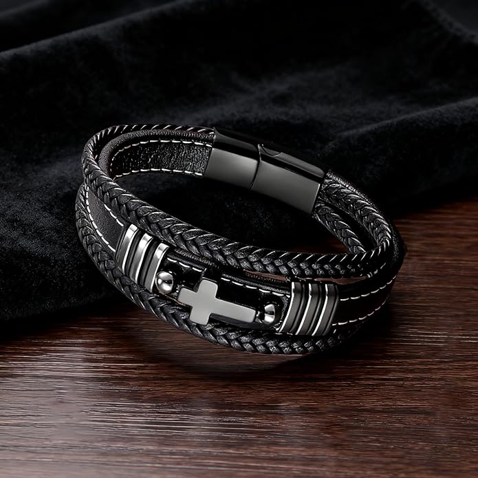 Cross Leather Bracelet For Men Multilayer Braided Memorial Wristband Bangle Stainless Steel Buckle Religious Activities Holiday Gifts