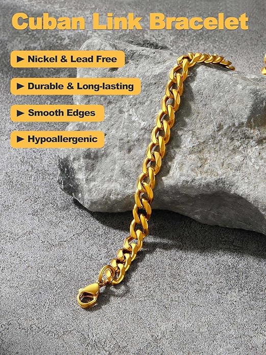 U7 Link Bracelets for Men, Cuban Link/Rope/Watch Band Solid Bracelet, Silver Black Gold Color Wrist Bracelet 3/6/9/12/15mm Width, 6.5/7.5/8.3 Inch Length, Hand Chain Jewelry for Mens Women