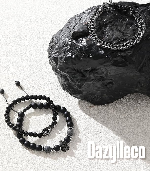 3pc Mens Beaded Bracelets Silver Stainless Steel Chain Bracelet for Men Handmade Braided Bracelet Sets Jewelry Gifts for Men